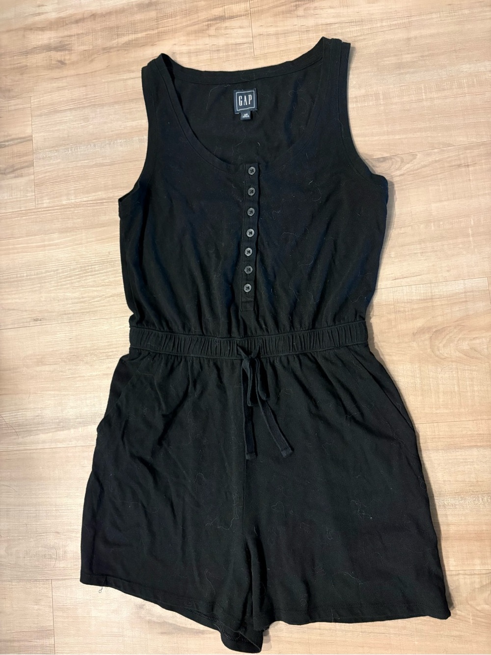 GAP Black Sleeveless Button-Front Drawstring Romper